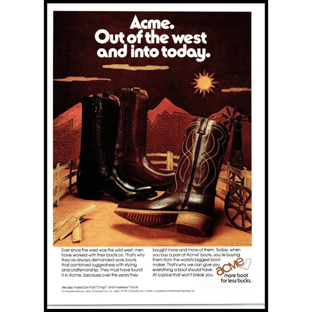 1974 Acme Western Boots Vintage Print Ad Urban Cowboy 70s Fashion Wall Art